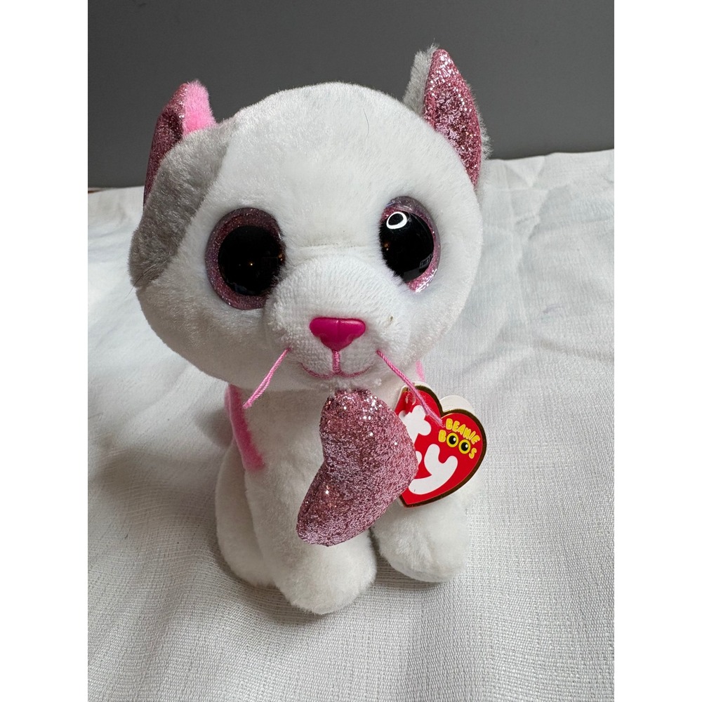 Ty Beanie Boos Lolly White Grey Cat Pink Heart Glitter Eyes Plush Stuffed Animal